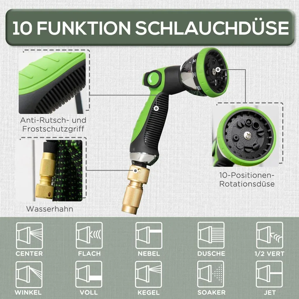 Gartenschlauch flexibel 30 m mit 10 Funktionen Sprühdüse Wasserschlauch mit 1/2 Zoll & 3/4 Zoll Anschluss Schlauch dehnb