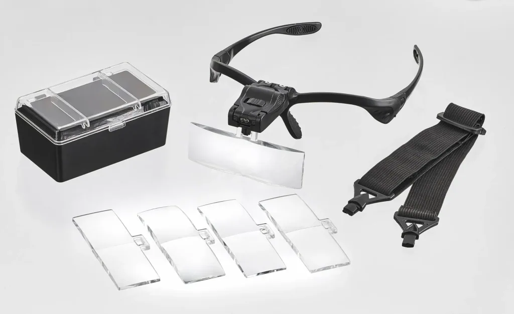 LED-Lupenbrille mit 5 Vergrößerungseinsätzen