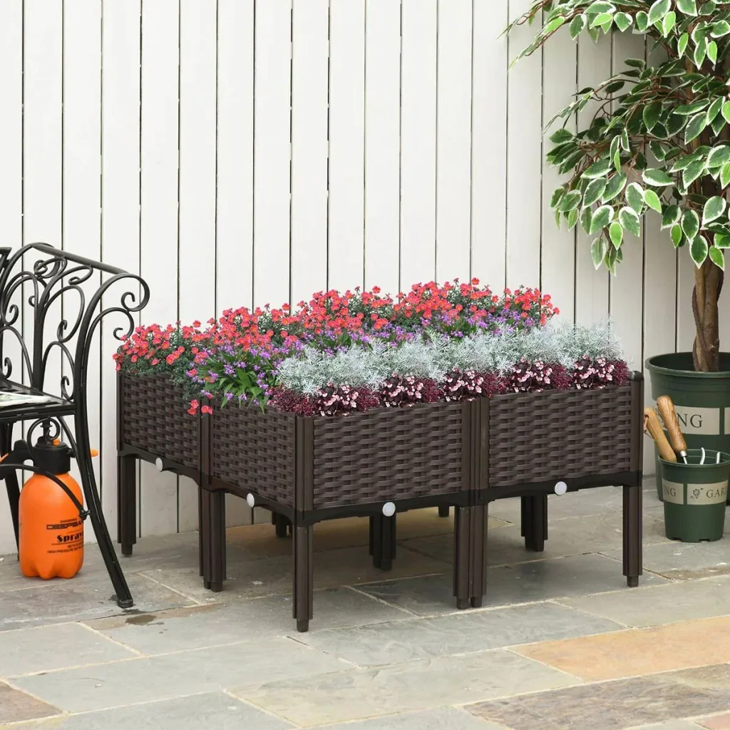 Hochbeet 4-teiliger Pflanzkasten mit Abflusslöchern Rattan-Look Blumenkasten DIY Braun 40 x 40 x 44 cm