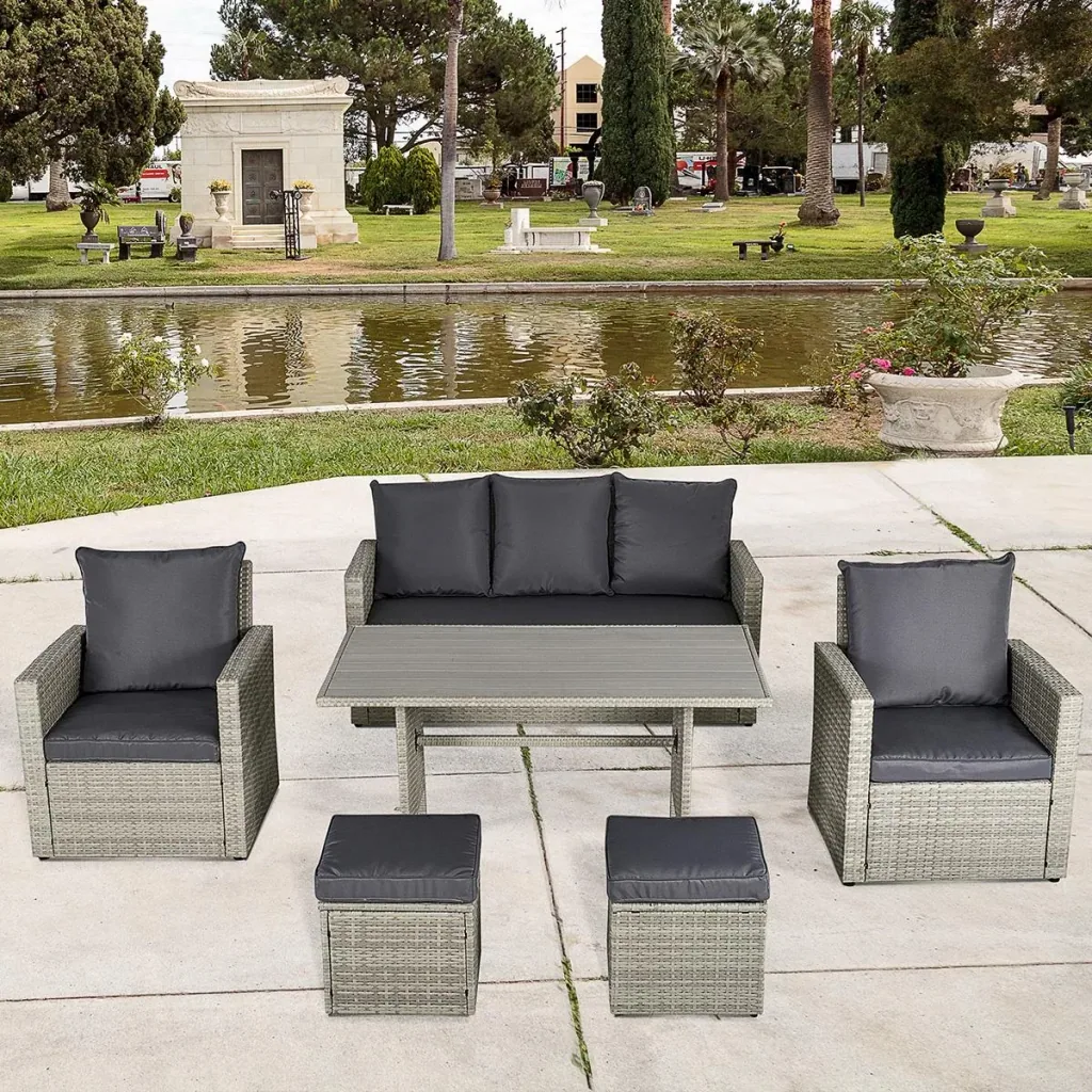 Poly Rattan Sitzgruppe 6 tlg. Garten Essgruppe Sofa-Set Sofa Lounge Hocker Hof Balkon Pool PE Rattan Grau