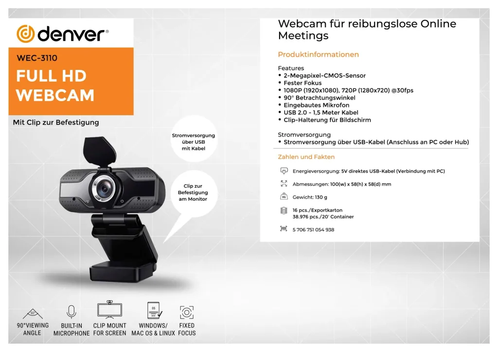 Webcam mit 2 Megapixel Sensor, eingebautem Mikrofon und Monitor Clip