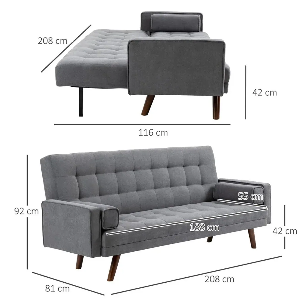 Dreisitziges Sofa mit Schlaffunktion, grau, 208 x 81 x 92 cm