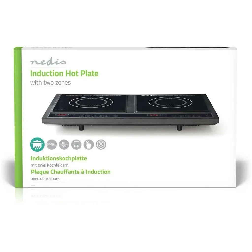 Nedis Induktionskochplatte mit 2 Kochzonen - 3400 W - Schwarz - LCD-Display - Timer und Überhitzungsschutz