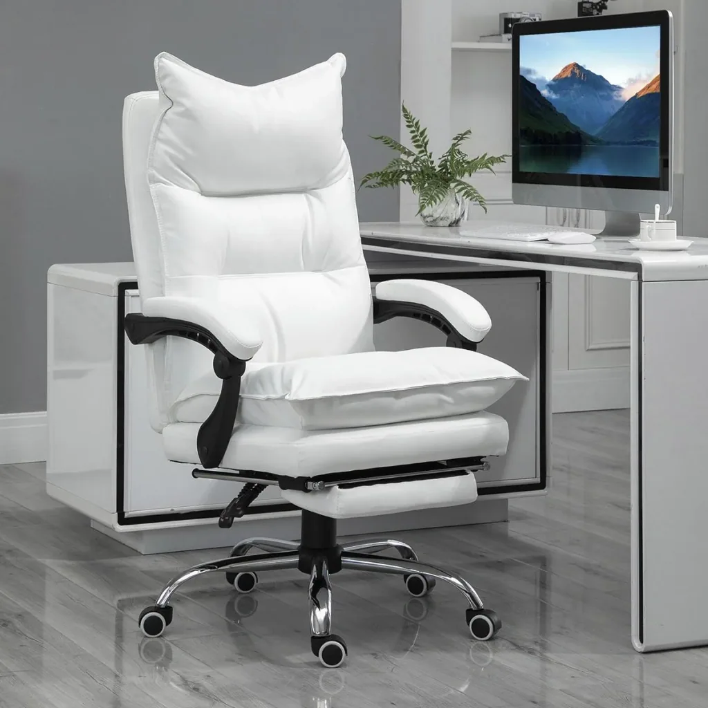 Bürostuhl mit Fußstütze höhenverstellbarer Schreibtischstuhl Drehstuhl Rückenlehne Kunstleder Weiß 66 x 72 x 122-130 cm