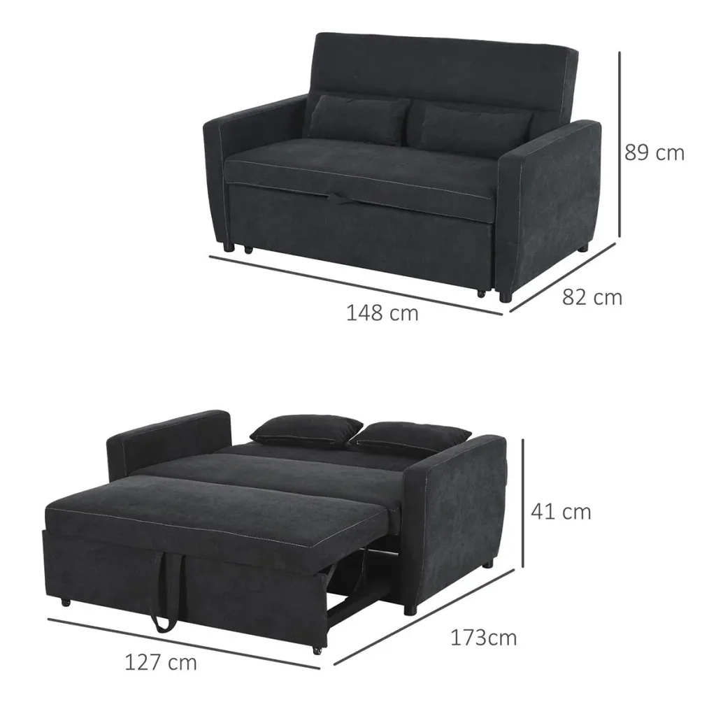 Schlafsofa, Klappsofa, 2-Sitzer Stoffsofa, Verstellbarer Winkel, Dunkelgrau, 148 x 82 x 89 cm
