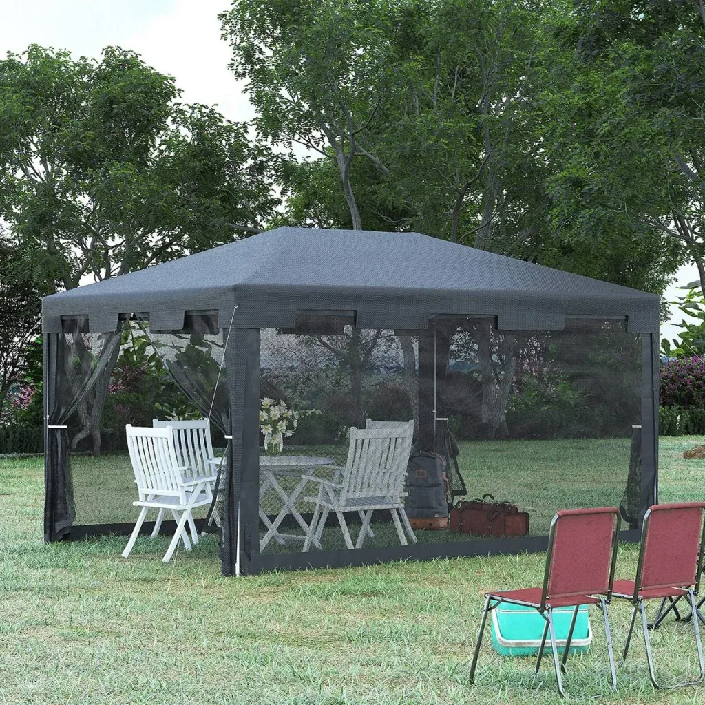 Pavillon Partyzelt mit Seitenwänden Metall PE Weiß+Dunkelgrau+Schwarz 4 x 3 m