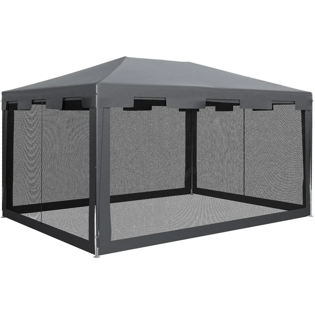 Pavillon Partyzelt mit Seitenwänden Metall PE Weiß+Dunkelgrau+Schwarz 4 x 3 m