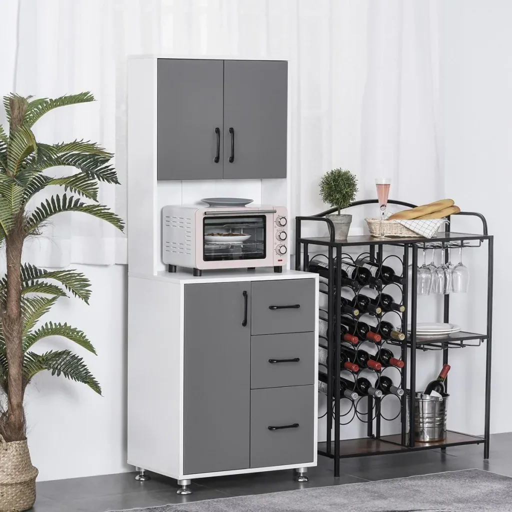 Küchenschrank mit 2 Türen Regal Mikrowellenregal Hochschrank mit unterem Aufbewahrungsschrank und 3 Schubladen Kommode S