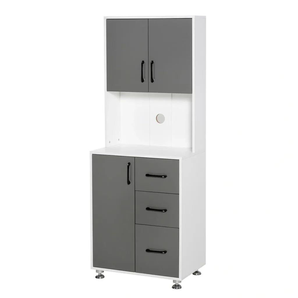 Küchenschrank mit 2 Türen Regal Mikrowellenregal Hochschrank mit unterem Aufbewahrungsschrank und 3 Schubladen Kommode S