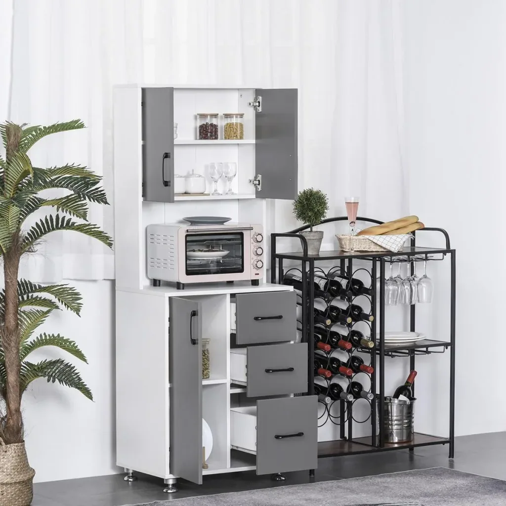 Küchenschrank mit 2 Türen Regal Mikrowellenregal Hochschrank mit unterem Aufbewahrungsschrank und 3 Schubladen Kommode S