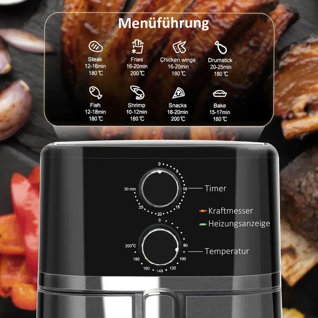 Heißluftfritteuse 4,5 L 1500W mit 8 Menüs Antihaftbeschichteter Korb für gesundes ölfreies fettarmes Kochen Stahl Schwar
