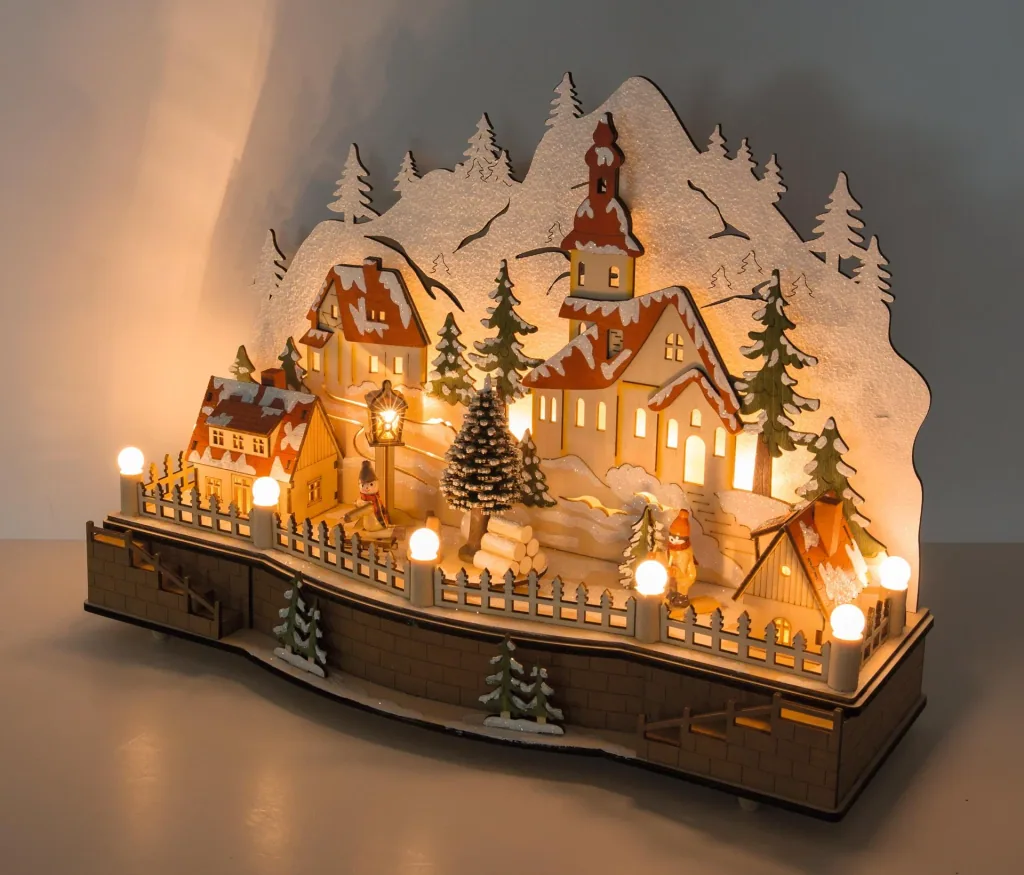 LED Holzleuchte Dorfplatz mit Spieluhr