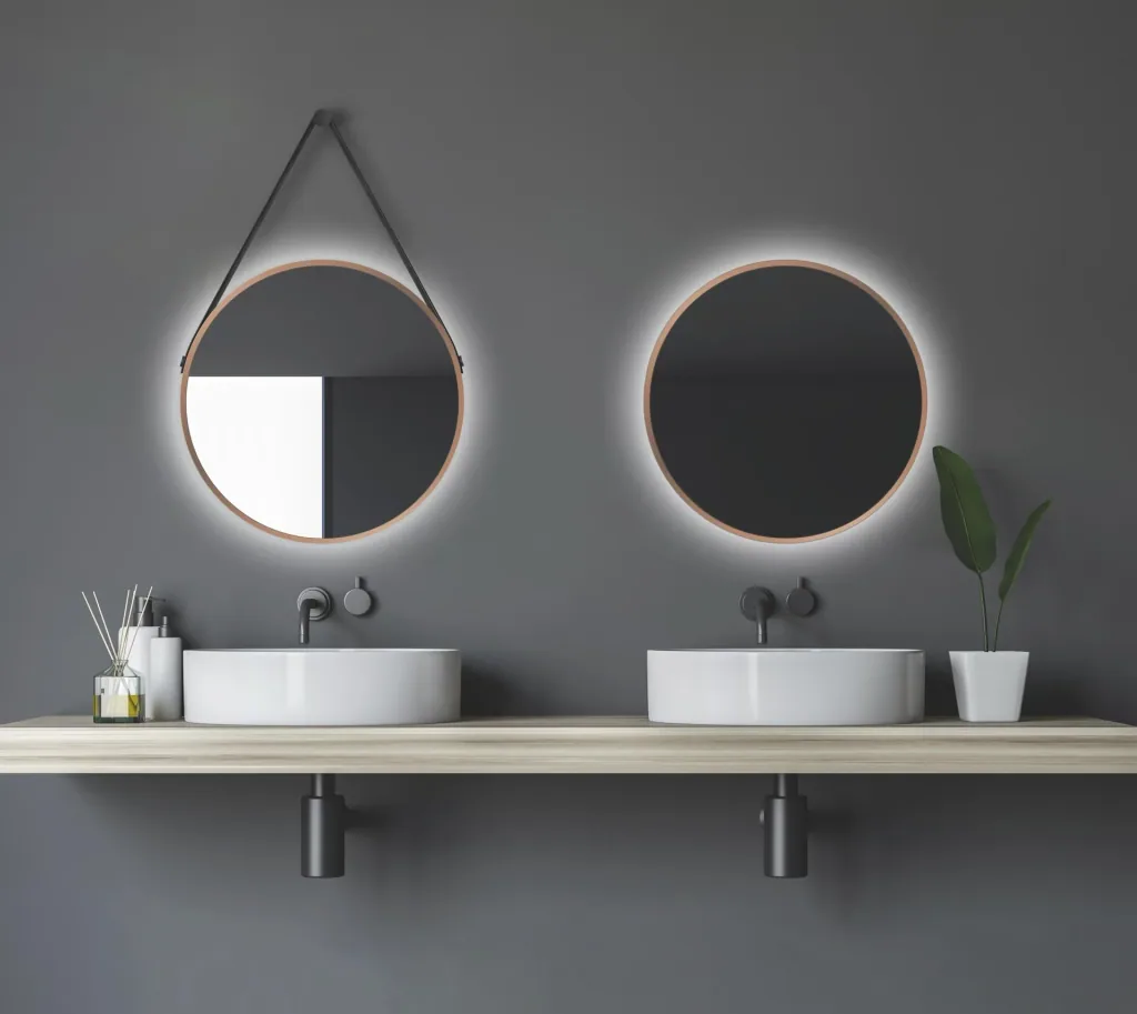 Dekorativer runder Wandspiegel mit indirekter LED Beleuchtung in kupfer matt Ø 50 cm