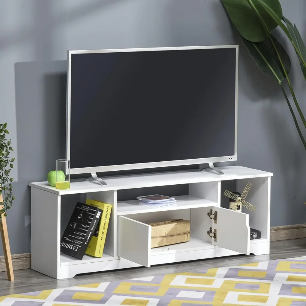 TV-Ständer, TV Schrank, TV-Kommode, Moderner Fernsehtisch mit Schrank und Offene Regale, Spanplatte, Weiß, 120 x 30 x 41