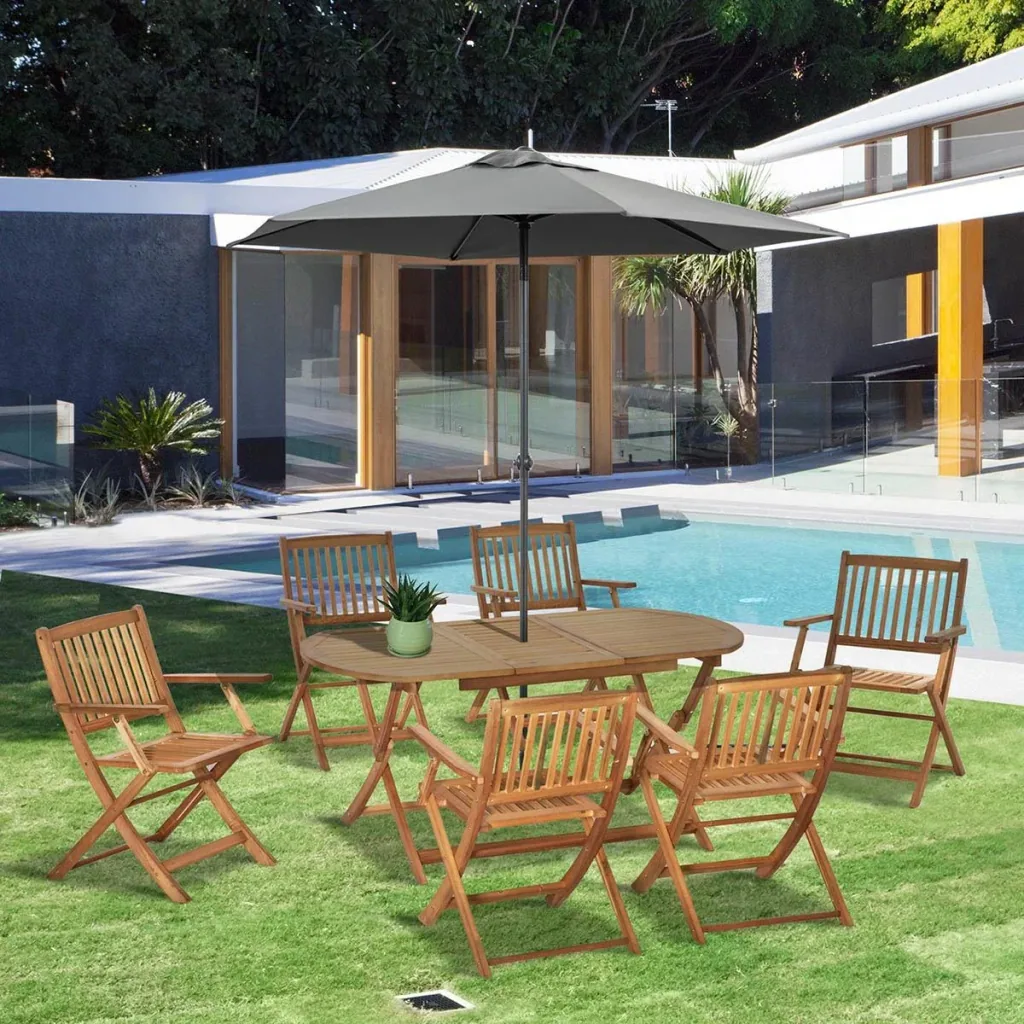 7-teiliges Gartenmöbel-Set mit Sonnenschirmöffnung im Tisch, Pappelholz, Farbe Teak