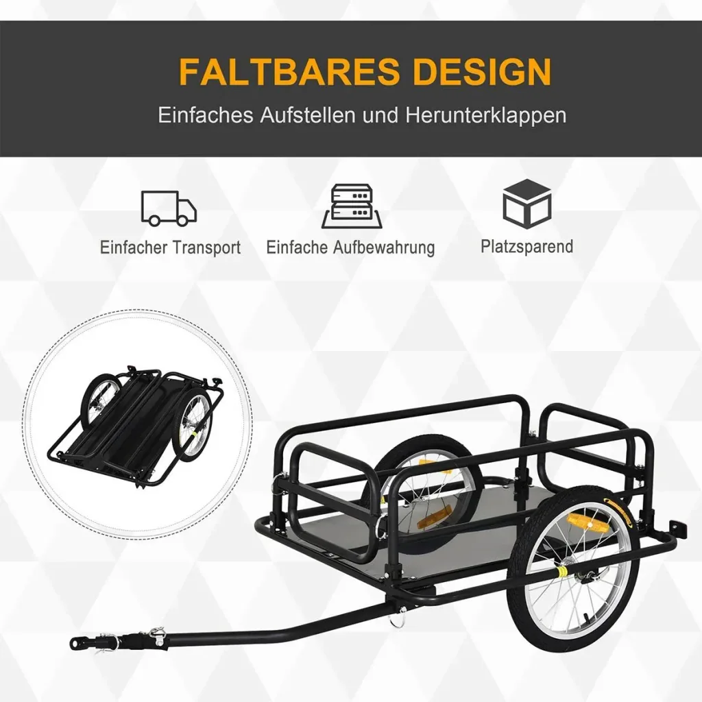 Fahrradanhänger Lastenanhänger für Fahrrad 40 kg Belastbarkeit Transportanhänger Handwagen Kupplung faltbar Stahl Schwar