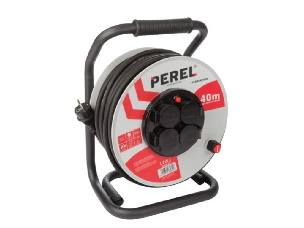 Professionelle Kabeltrommel, Innen- und Außenbereich, spritzwassergeschützt (IP44), 4 Steckdosen mit französischer Erdung, Anti-Verdreh-System, Thermoschutz, Kabellänge 40 m, 3G2.5, grau/schwarz