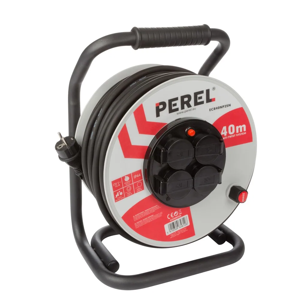 Professionelle Kabeltrommel, Innen- und Außenbereich, spritzwassergeschützt (IP44), 4 Steckdosen mit französischer Erdung, Anti-Verdreh-System, Thermoschutz, Kabellänge 40 m, 3G2.5, grau/schwarz
