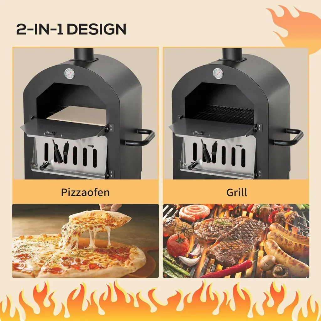2-In-1 Pizzaofen Outdoor mit Rollen 3-Tier Holzbackofen für BBQ Stahl Schwarz+Silber 63 x 54 x 161 cm