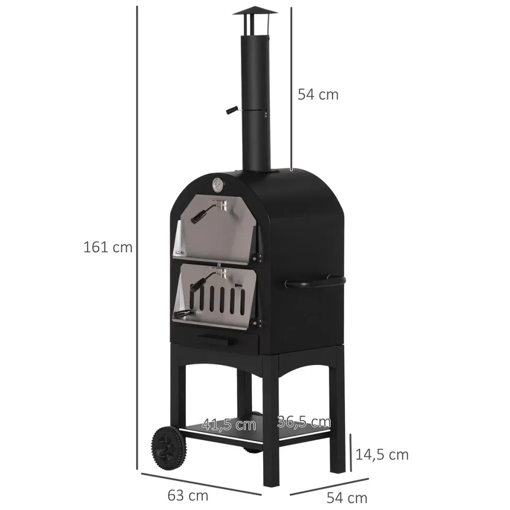 2-In-1 Pizzaofen Outdoor mit Rollen 3-Tier Holzbackofen für BBQ Stahl Schwarz+Silber 63 x 54 x 161 cm