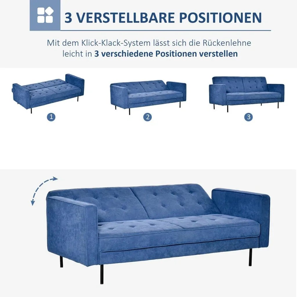 Schlafsofa 3-Sitzer Schlafcouch Stoffsofa Sofa mit Schlaffunktion Bettsofa mit Bettkasten verstellbarer Winkel Vintage E